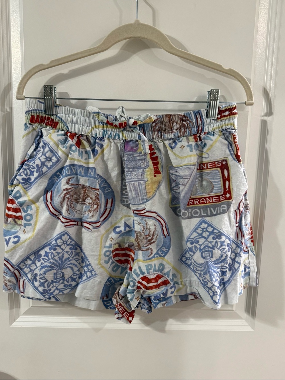 Damson Madder Blue&White Coastal Sardine Linen Cotton Blend Drawstring Shorts 12